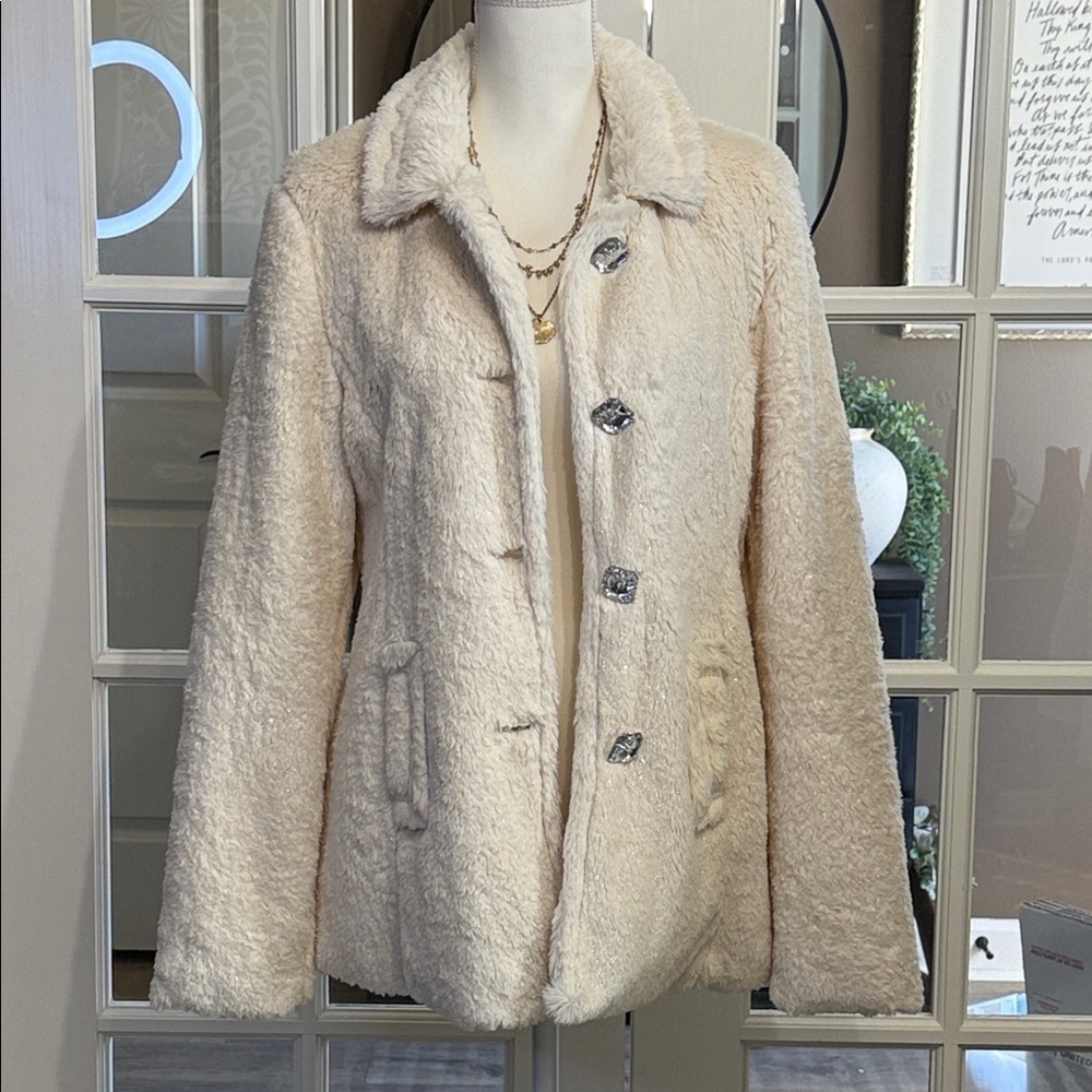 BKE Cream Faux Fur Jacket Jewel Buttons Size Medium
